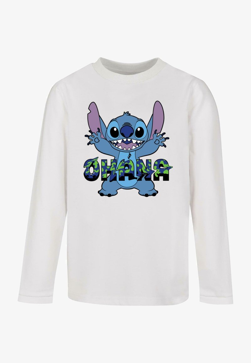 White long-sleeve shirt featuring a graphic of a blue cartoon character with large ears and the word "OHANA" in bold, multicolored letters.