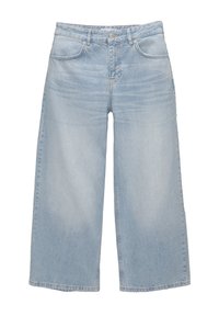 Světle modré široké džíny, vyrobené z denimu, s vysokým pasem, pěti kapsami a jemným efektом vyblednutí látky.