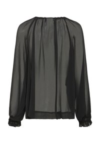 Blusa nera fluida realizzata in tessuto trasparente, con maniche lunghe, scollatura arricciata e polsini con volant. Presenta una fantasia a righe verticali.