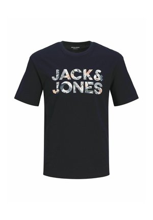 Námořnická modrá bavlněná tričko s krátkým rukávem, zdobené logem "JACK & JONES" v barevném květinovém vzoru. Kulatý výstřih, uvolněný střih.
