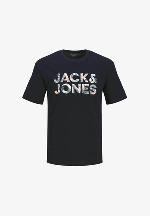 Marinblå bomullströja med korta ärmar som har "JACK & JONES"-logotypen i en färgglad blommönster. Rund halsringning, avslappnad passform.