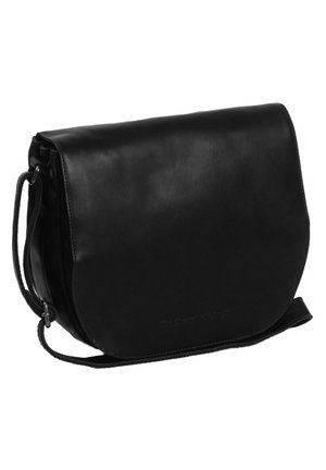 Black leather messenger bag with a curved flap, adjustable strap, and subtle embossed branding on the front. Smooth texture, minimalist design.