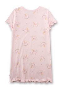 Rosa Nachthemd mit kurzen Ärmeln und Rüschen, mit einem floralen und Feenmotiv in Gelb und Pink. Hergestellt aus weichem, leichtem Stoff.