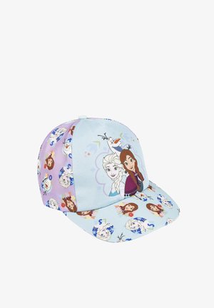 Gorra de color azul claro con estampados de personajes de "Frozen". Material de tela, con visera curva y una mezcla de diseños de dibujos animados en los paneles.