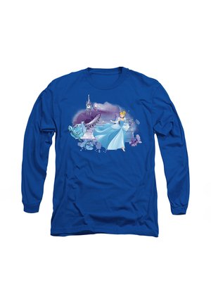 Blue long-sleeve t-shirt featuring a Cinderella graphic in light blue dress, surrounded by a whimsical background with a clock tower and floral accents.