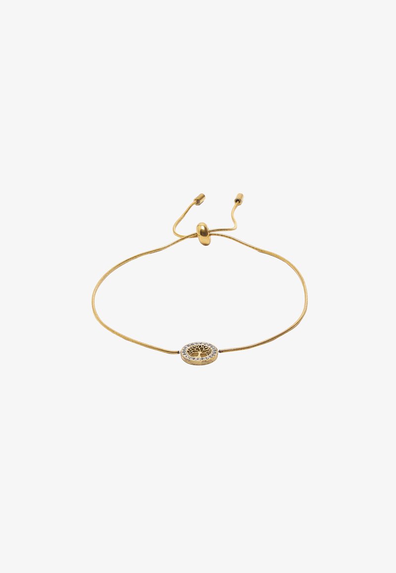 Złota regulowana bransoletka z okrągłym zawieszką z motywem drzewa otoczonym małymi, przezroczystymi kryształami na gładkim pasku.