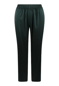 Zwarte, lichte stretchstof broek met een elastische tailleband en rechte pijpen. Glad materiaal zonder zichtbare naden of patronen.