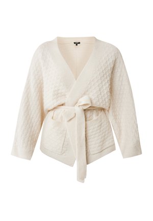 Cardigan bianco in maglia con un motivo a diamante testurizzato, apertura frontale, maniche larghe e una cintura da annodare in vita. Include due tasche frontali.