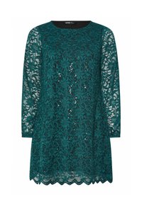 Sukienka z koronką w odcieniu morskim, z długimi rękawami, ozdobiona kwiatowym wzorem i rozsypanymi cekinami. Falbaniasty dół dodaje szczegółów do projektu.