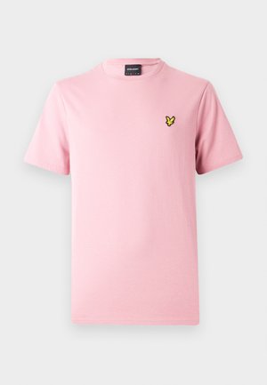 Rosa T-Shirt mit kurzen Ärmeln aus Baumwolle, mit einem kleinen schwarzen und gelben bestickten Vogel-Logo auf der linken Brust.