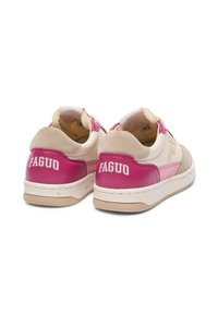 White and pink sneakers with rounded shape, suede and leather materials, Faguo logo on heel, and contrasting color accents on the sides.