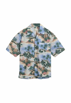 Korte mouw shirt van lichtgewicht stof met een tropisch strandtafereel met palmbomen, hutten en bloemaccenten in pasteltinten.