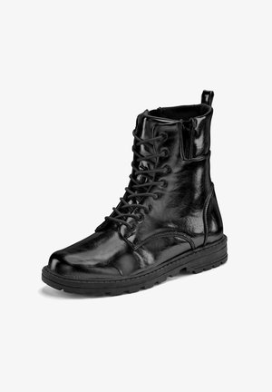 Black leather ankle boot with a glossy finish, featuring front laces, a side zipper, and a durable rubber sole.