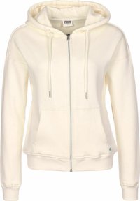 Sudadera con cremallera de manga larga color crema, con bolsillos frontales, capucha ajustable y puños y dobladillo de canalé.