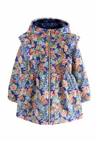 Ziedu jaka ar zilu pamatu, ar daudzkrāsainiem ziedu rakstiem, ar viļņotu kapuci un pleciem, elastīgu jostu un priekšējo rāvējslēdzēju.