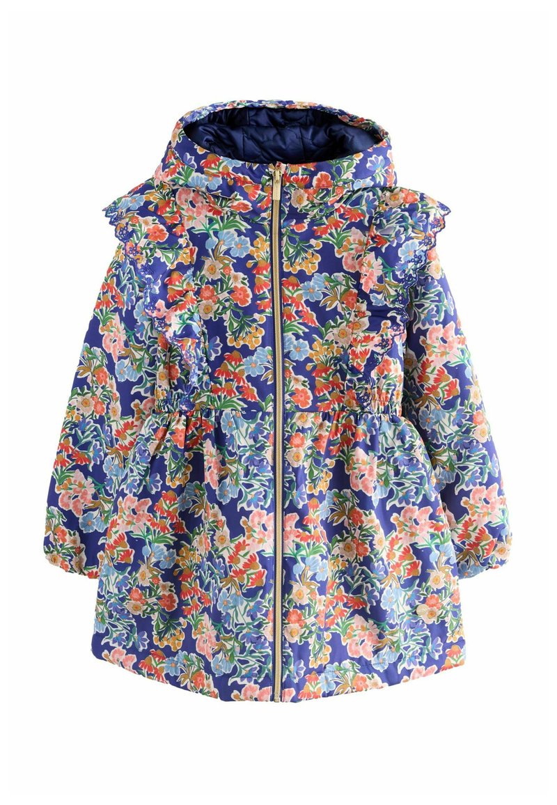 Ziedu jaka ar zilu pamatu, ar daudzkrāsainiem ziedu rakstiem, ar viļņotu kapuci un pleciem, elastīgu jostu un priekšējo rāvējslēdzēju.