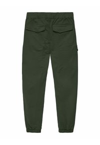 Pantalons cargo vert foncé avec une taille élastique, des jambes fuselées, deux poches arrière et une poche cargo sur le côté. Fabriqué en tissu léger et durable.