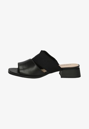 Sandal con infilatura nera, caratterizzata da una parte anteriore in pelle liscia, un retro in tessuto elastico e un tacco basso per garantire stabilità.