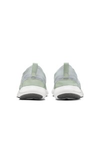 Sport shoes with a green and gray mesh upper, fabric accents, pull tabs at the heel, and a white cushioned sole with a textured black outsole.
