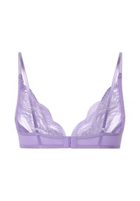 Lila kant bralette met verstelbare dunne bandjes en haak-en-oogsluiting op een witte achtergrond, met een verfijnd bloemmotief in kant.