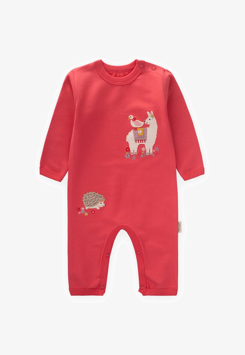 Tutina color corallo con maniche lunghe, presenta un ricamo di un lama con un uccellino e un riccio. Realizzata in tessuto morbido, con bottoni a pressione.