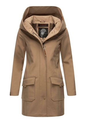 Giacca impermeabile color cuoio con un ampio cappuccio, chiusura con zip, due tasche frontali e dettagli del logo discreti. Tessuto liscio e elasticizzato.