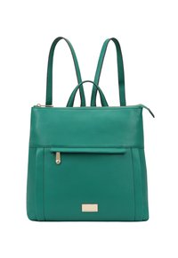 Teal leren rugzak met dubbele banden, ritssluiting bovenaan, voorvak met hardware-accent, gladde textuur en rechthoekige vorm.