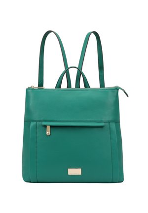 Teal leren rugzak met dubbele banden, ritssluiting bovenaan, voorvak met hardware-accent, gladde textuur en rechthoekige vorm.