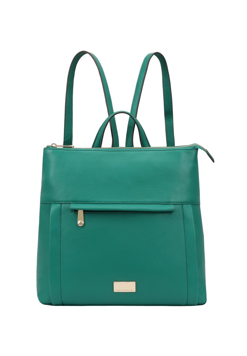Teal leren rugzak met dubbele banden, ritssluiting bovenaan, voorvak met hardware-accent, gladde textuur en rechthoekige vorm.