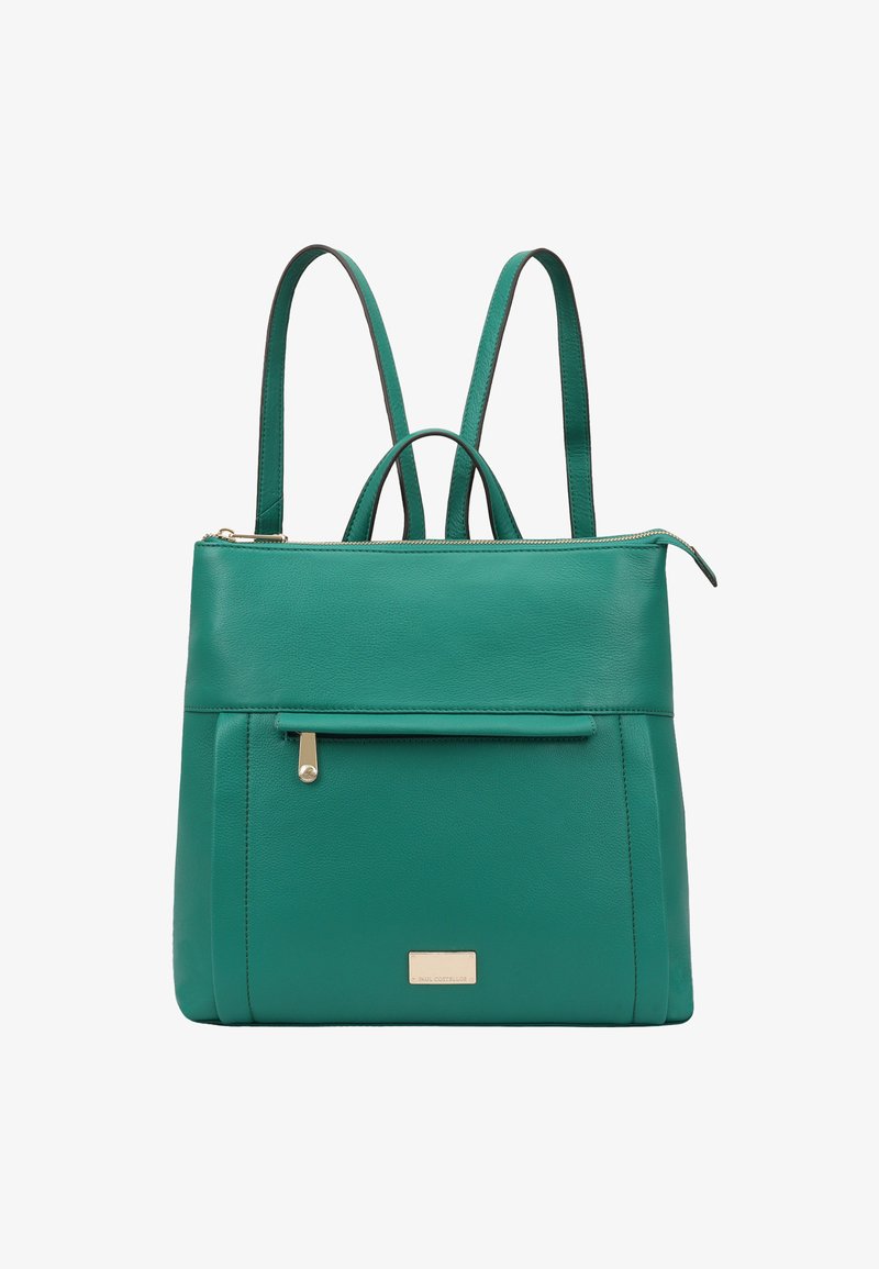 Teal leren rugzak met dubbele banden, ritssluiting bovenaan, voorvak met hardware-accent, gladde textuur en rechthoekige vorm.