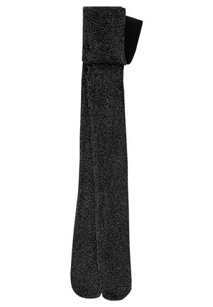 Schwarze gestrickte kniehohe Socken mit funkelnder Textur, die oben einen umgeschlagenen Bund haben. Das Material wirkt weich und elastisch.