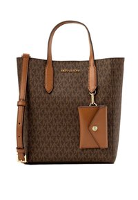 Borsa a tracolla con logo marrone stampato e dettagli in pelle beige, doppi manici superiori, tracolla rimovibile e una piccola pochette abbinata attaccata.