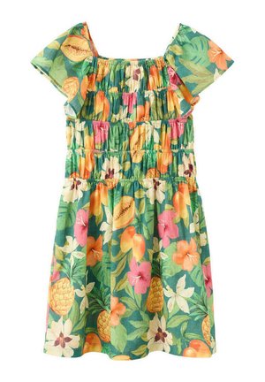 Robe à manches courtes pour filles avec fronces élastiques, imprimé floral et fruitier tropical en vert, orange, rose et jaune.