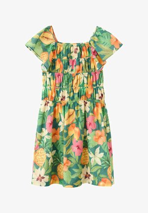 Robe à manches courtes pour filles avec fronces élastiques, imprimé floral et fruitier tropical en vert, orange, rose et jaune.