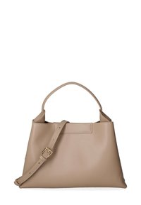 Borsa a mano in pelle beige con un design strutturato, una maniglia corta e una tracolla removibile. Presenta una tasca piatta sul davanti.