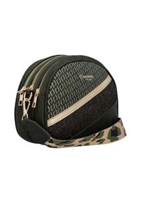 Grøn og sort lynlås håndtaske med mønstret stof, metal-toner, en tekstureret overflade og en camouflage-rem. Runde form.