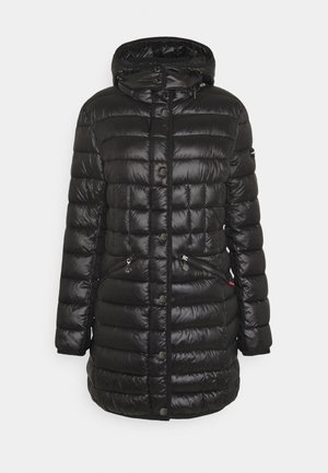 Sort quiltet dunjakke med hætte, trykknapper og to lynlåslommer foran. Lange ærmer med polstret isolering.