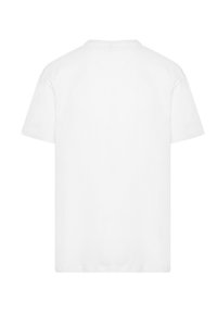 Weißes Baumwoll-T-Shirt mit kurzen Ärmeln, Rundhalsausschnitt und einem schlichten Design, das eine glatte Textur aufweist und keine sichtbaren Muster oder Akzente hat.