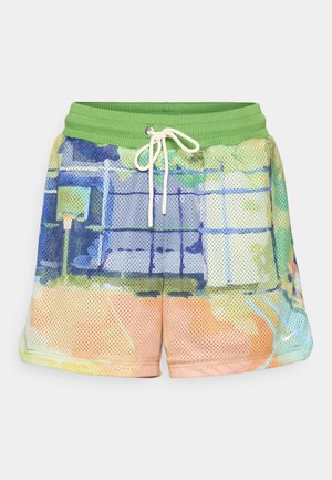 Mesh basketbalschoenen met een groene elastische tailleband, trekkoord en een multicolor abstract patroon met blauwe, oranje en groene tinten.