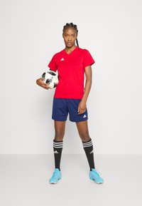 Červené športové tričko s krátkym rukávom, námornícke šortky, čierno-biele pruhované ponožky, modré futbalové kopačky; drží čierno-biely futbal.