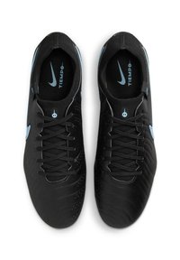 Black Nike Tiempo soccer shoes with textured upper, smooth finish, blue accents, and traditional lacing system.