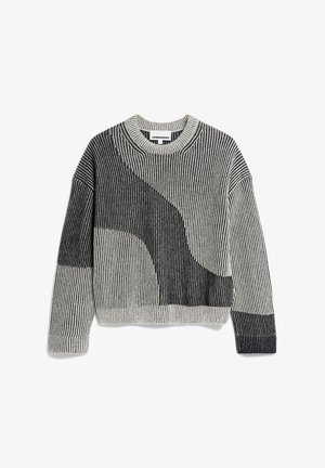 Gestrickter Pullover in Grau und Schwarz mit gerippter Textur, ausgestattet mit einem abstrakten geometrischen Design und einem Rundhalsausschnitt.