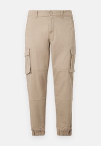 Beige Cargohose aus Baumwolle mit elastischen Bündchen, Seitentaschen und geradem Bein. Glatte Textur und robuste Nähte.