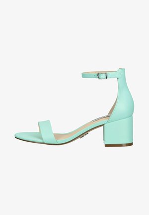 Mintgrüne Blockabsatzsandale mit Knöchelriemen, ausgestattet mit einem breiten Zehenband und glattem Synthetikmaterial. Einfache und moderne Gestaltung.