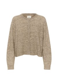Beige gebreide cardigan met een ronde halslijn, lange mouwen en zes knopen aan de voorkant. Zachte textuur, casual cropped fit.