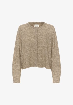 Beige gebreide cardigan met een ronde halslijn, lange mouwen en zes knopen aan de voorkant. Zachte textuur, casual cropped fit.