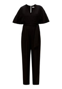 Zwarte jumpsuit met een wikkeldesign, cape-achtige mouwen, een strik taille en rechte pijpen. Beschikt over een ritssluiting aan de achterkant en een soepele stoftextuur.