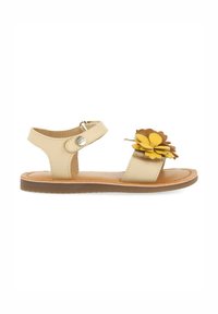 Sandalo in pelle beige con due cinturini e una fibbia alla caviglia. Presenta un motivo floreale in giallo e marrone. Suola marrone con texture.