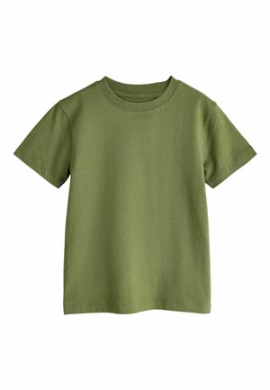 Olivegrünes Baumwoll-T-Shirt mit kurzen Ärmeln und rundem Ausschnitt; zeichnet sich durch eine glatte Textur und eine reguläre Passform aus. Keine Muster oder Grafiken.