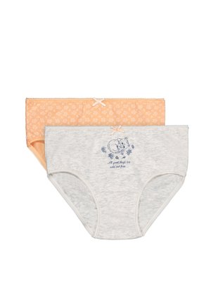 Braguitas de algodón para niñas, una gris con un estampado de gato y flores y texto, otra melocotón con un patrón floral blanco, ambas con pequeños lazos delanteros.
